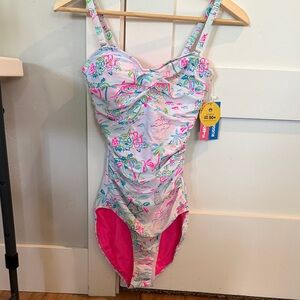 With tags! Ruffle Butts XS One-Piece Swimsuit with Pink & Teal Floral Print